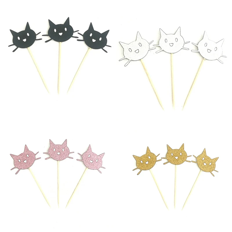

12PCS Sliver Gold Pink Black Cat Cupcake Toppers Pick Cute Animal Cat Cake Topper Wedding Children Birthday Party Decoration