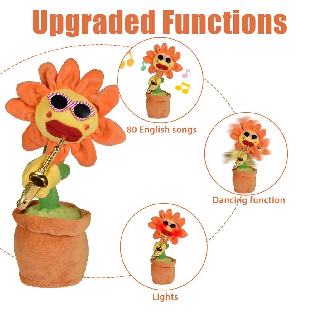 

Kid Creativity Funny Plush Toys Sing Dance Sunflower Stuffed Toys Saxophone 80 Music With Lights Doll Ornaments Children's Toy