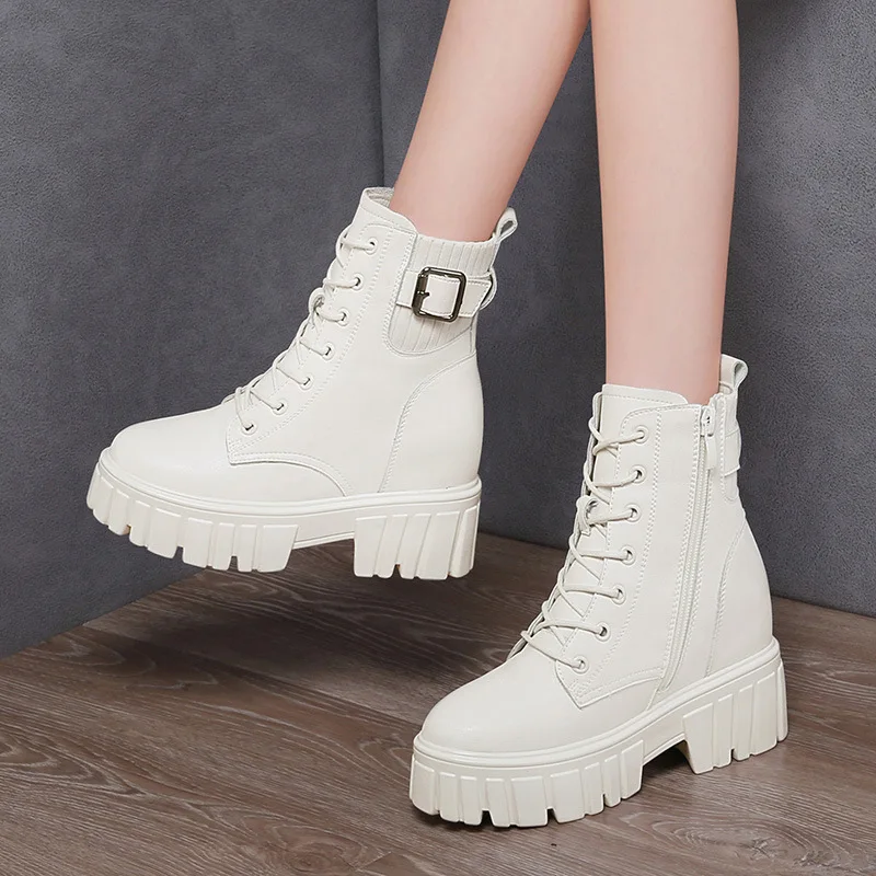 Women Shoes Genuine Leather New Chelsea Boots British Style Winter Short Boots Height Increasing Thick Bottom Boots Woman M0014