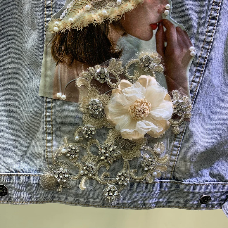 

Fashionable Denim Jacket 2020 Women Autumn Winter Beautiful Delicated Illustration Flowers Embroideried Beading Jeans Coat