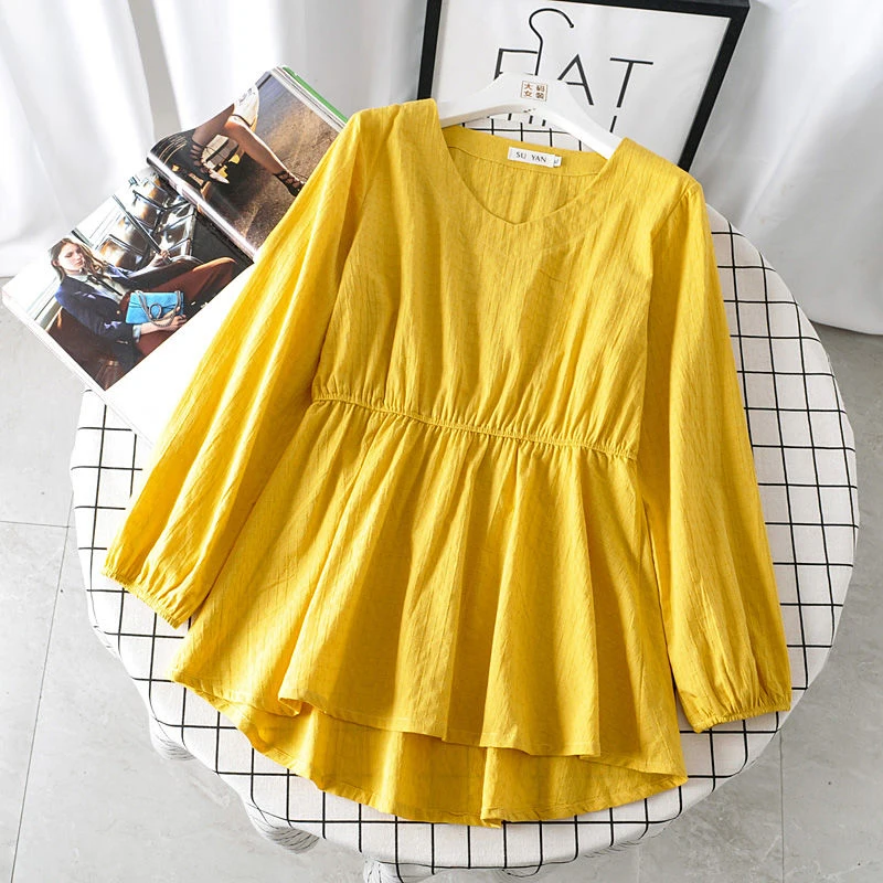 

Женская блузка с длинным рукавом, свободная повседневная хлопковая рубашка с V-образным вырезом, модель M21 в Корейском стиле на весну, 2021