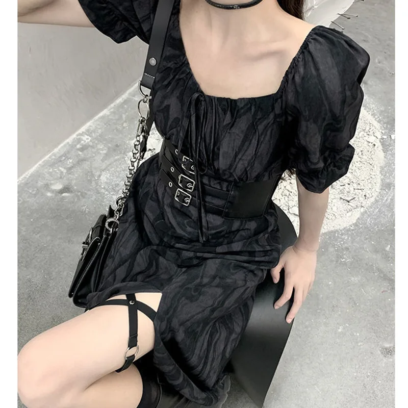 

Black Split long Dress With Belt Female High Waist 2021 New Puff Sleeve Dress Women Vintage Pleated Long Dress Elegant Summer
