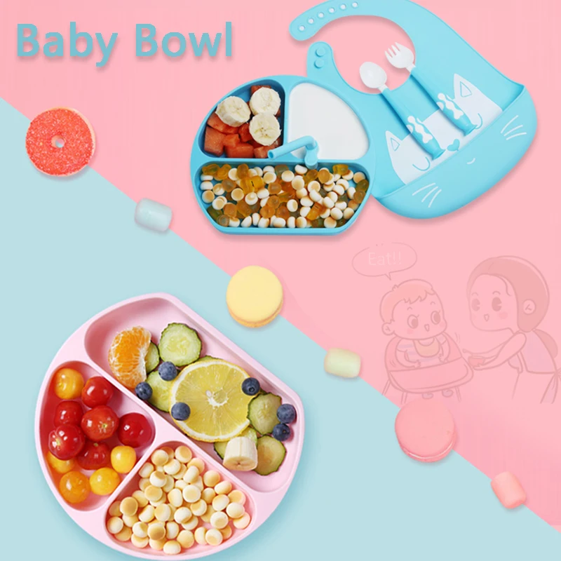 

Baby Silicone Plate One-piece Tableware Children Separate Compartments Sucker Plate Spoons With Bib For Kids Eating Training