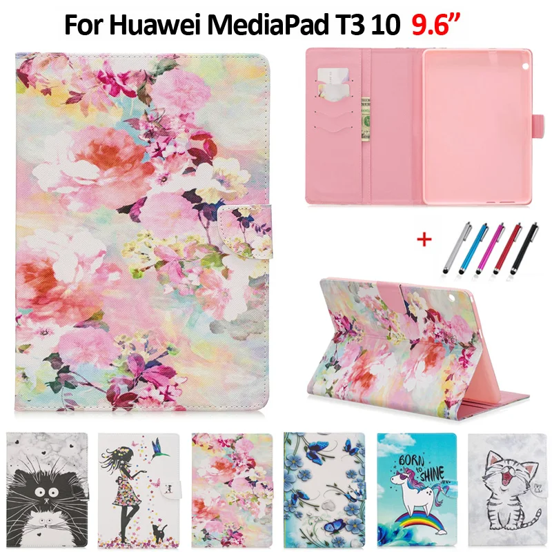 Флип чехол для Huawei MediaPad T3 10 Женский флип с котом и цветком mediapad t3 10|Чехлы планшетов