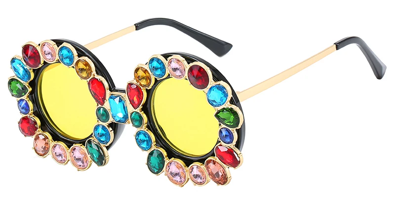 FU E Gorgeous Women Sunglasses Crystal Diamond Handmade Round Eyewear UV400 Mirror Lens Flower Design Summer Sun Glasses - Цвет линз: Black Yellow