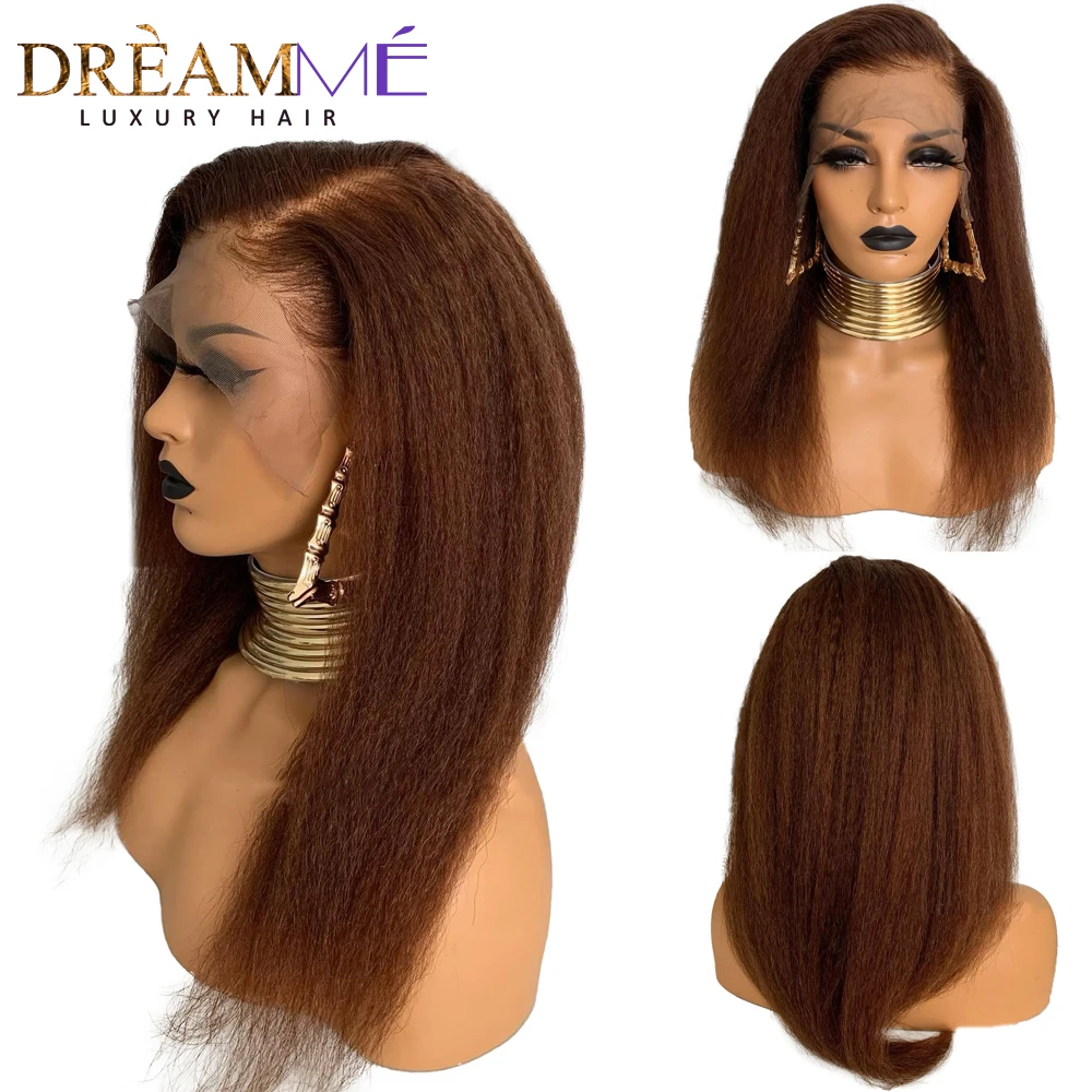 Kinky Straight 13x4 Lace Front Wig Human Brazilain Remy Hair 250% Yaki Transparent Part Wigs For Black Women | Шиньоны и парики