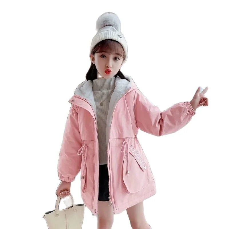 

Winter Polyester Jacket For Girls New 2022 Korean Version Plus Velvet Mid-Length Hooded Parka Casual Slim Children's Clothing