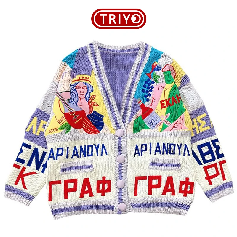 

TRIYO 2021 Oversize Cardigan Knitted Women Sweater Men Streetwear Vintage Graffiti Harajuku Hip Hop Retro Casual Unisex Fashion