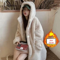 faux fur coat women 2020 casual korean hoodies furry thick bat sleeved warm long faux rabbit fur jacket loose winter coat women