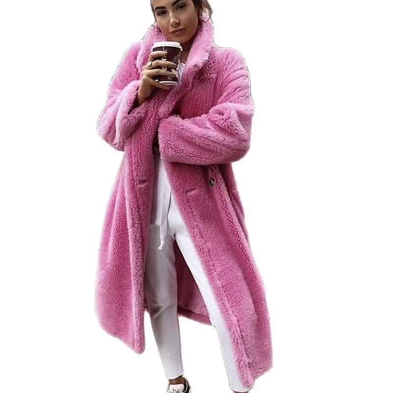 

Pink Long Teddy Bear Jacket Coat Women Winter 2020 Thick Warm Oversized Chunky Outerwear Overcoat Women Faux Lambswool Fur Coats