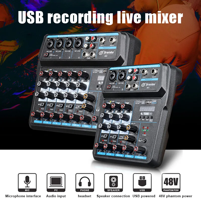 

Sound Mixing Console Record 48V 4/6 Channels Audio Mixer with USB Mic Interface