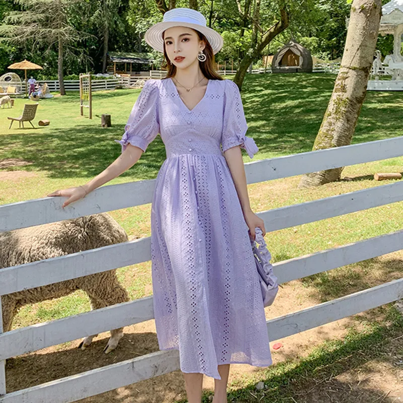 

High Quality Cotton And Linen Embroidery Hollow Out V-neck Dress Summer Sweet Elegant Women's Dress Puff Sleeves Vintage Dresses