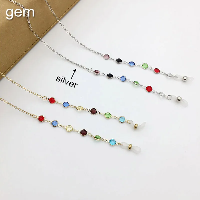 gem silver Винтажные цепочки для солнцезащитных очков, женские и мужские жемчужные цепочки для очков из нержавеющей стали, ремешок на шею, цепочка для очков с бусинами для чтения - Цвет: gem silver