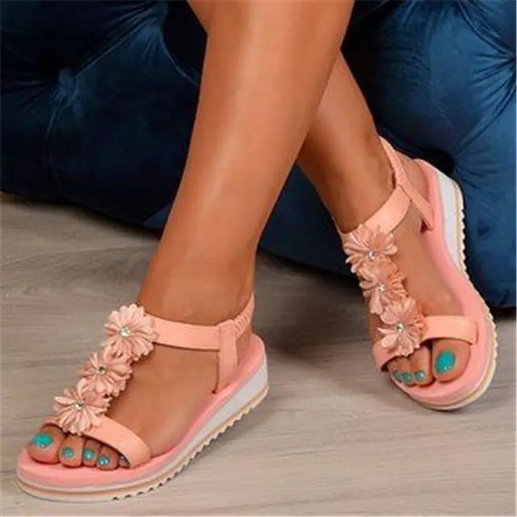 New Women T Strap Sandals Flower Slip On Casual Ladies Shoes Summer Elastic Band Ankle Strap Platform Female Flat Comfort2021
