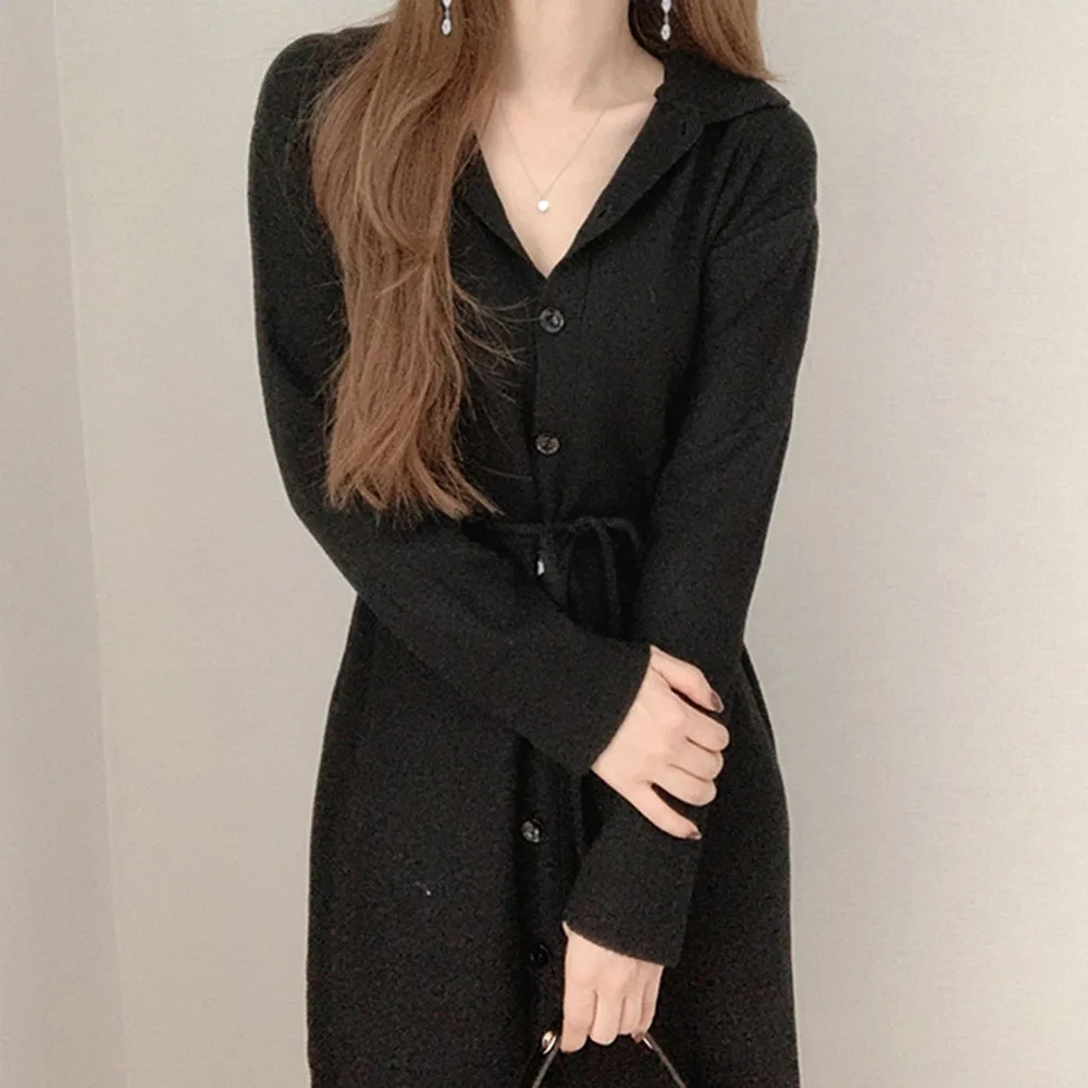 

Dress Autumn New 2021 Japanese Style Fashion Solid Color Single-breasted Long Sleeve Loose Casual Straight Knit Dress Lacing