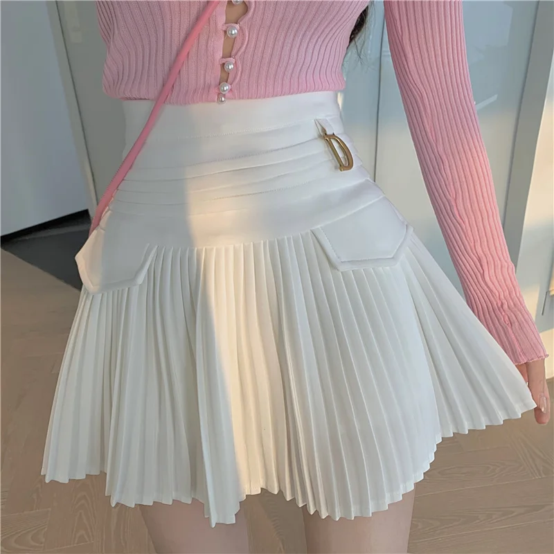 

WOMENGAGA A-line Short Mini Skirts High Waist Thin Pleated Skirt Women's Summer 2021 Korean White Elegant Sweet Girl Female 07J