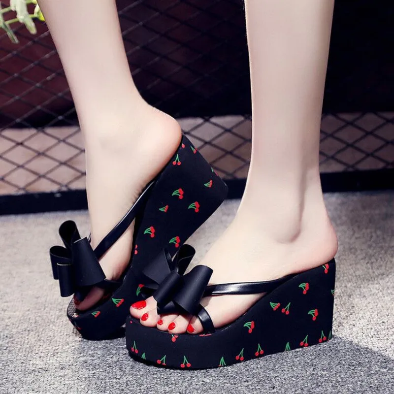 2020 Fashion Large Size High-Heeled 8cm Women Flip Flops Bow Beach Shoes Vacation High-Quality Brand Slippers Girl | Обувь