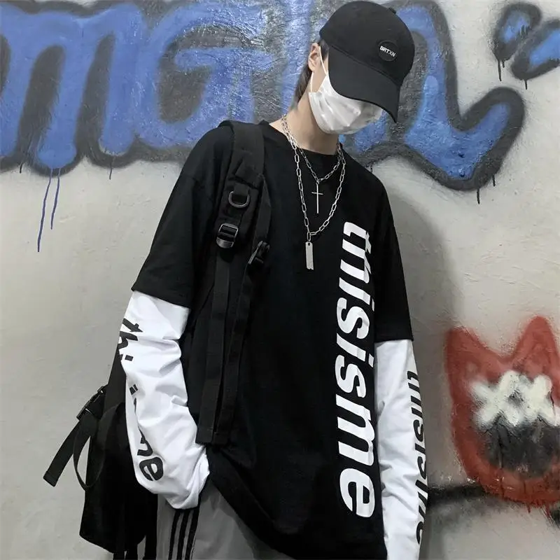

Oversized Men T Shirt Autumn Long Sleeve O Neck Korean Harajuku Fake Two Pieces Hip Pop High Street Unisex Clothing Vintage