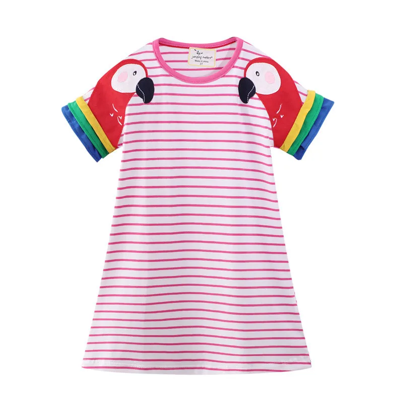 

QNPQYX New Stripe Summer Children's Dresses With Bird Applique Cute American Style Cotton Princess Girls Dress Clothes