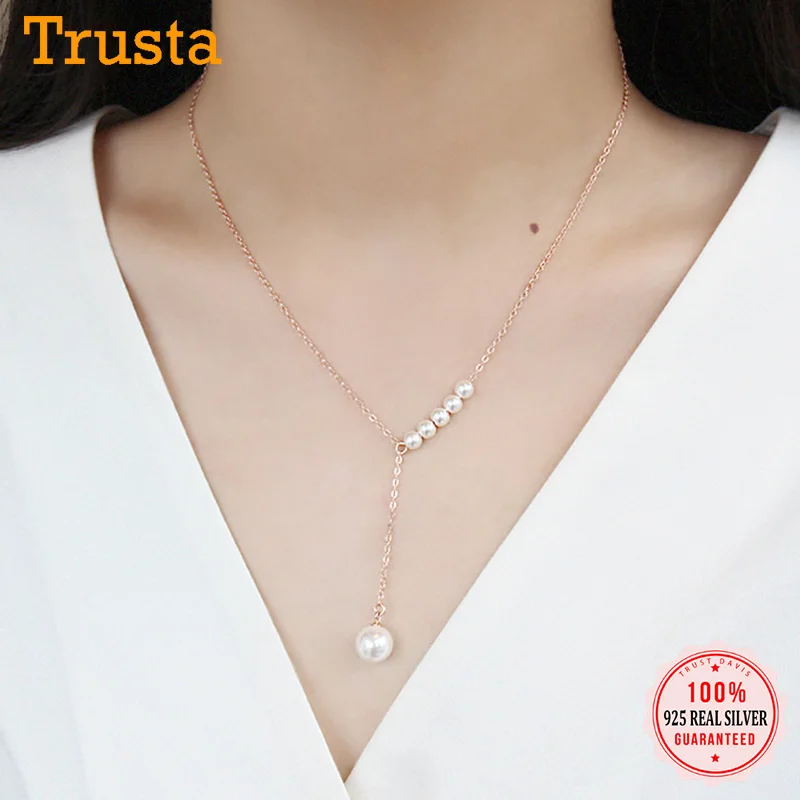 

TrustDavis Real 925 Sterling Silver Fashion Tassel Synthesis Pearl Clavicle Necklace For Women Wedding Fine S925 Jewelry DA187