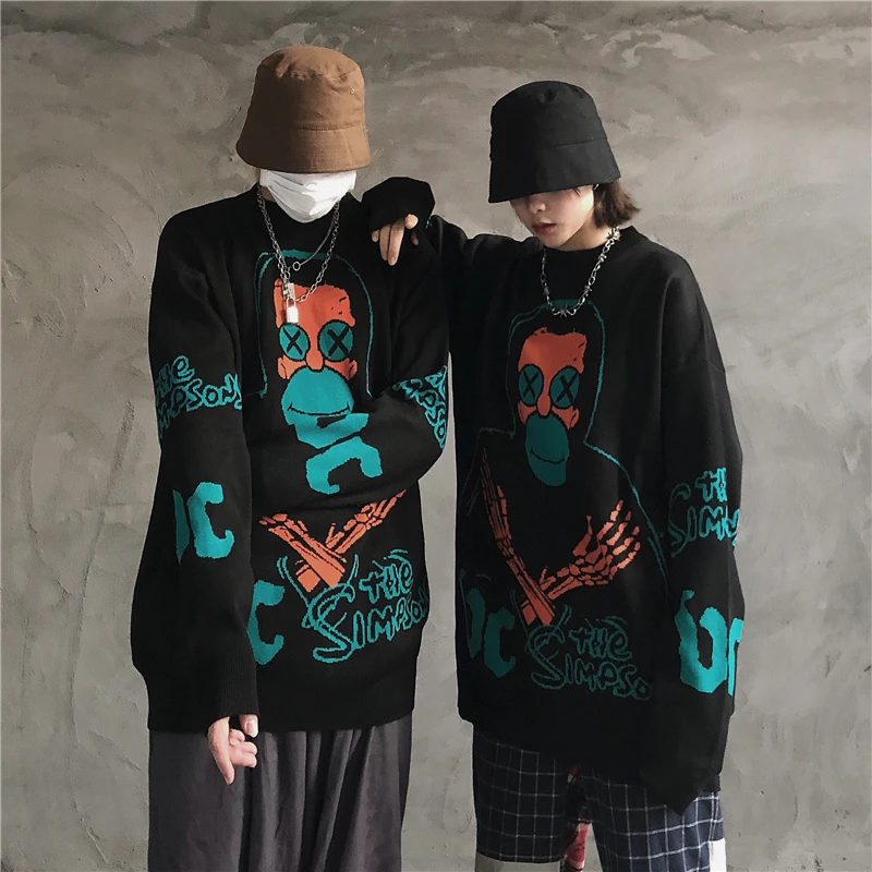OCEANLOVE Harajuku Print Skulls Women Sweaters Japan Style Loose Pullovers 2020 Winter Clothes Devil Pull Femme Fashion 13441 | Женская