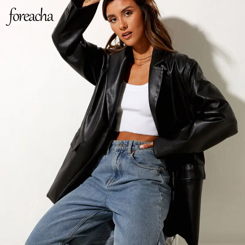 

foreacha women double breasted leather blazers vintage jacket fashion suit collar women Outerwear Stylish Tops Women autumn coat