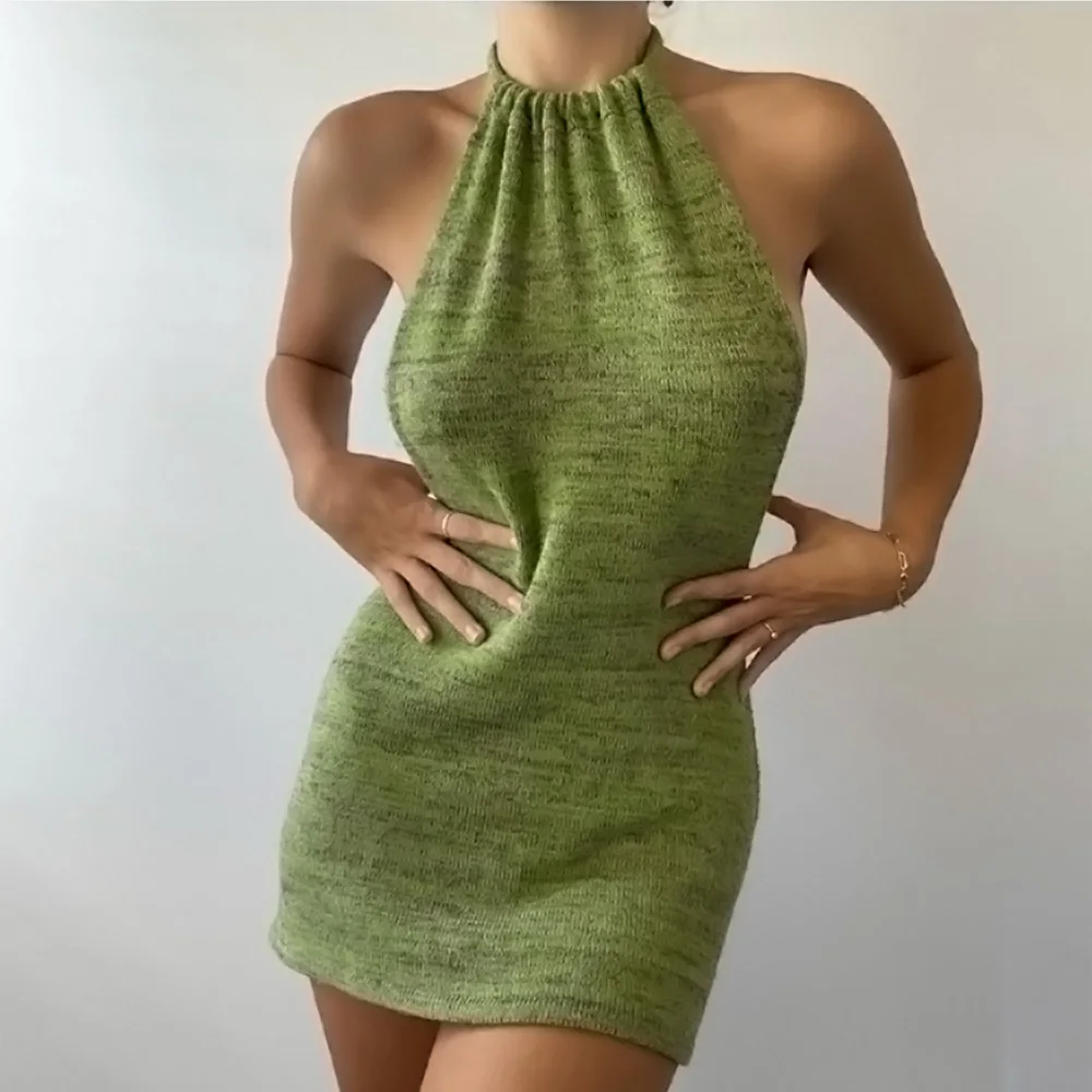

Women's Sexy Backless Green Mini Skirt Tight Club Party Sleeveless Knitting Skirt Summer Off Shoulder Beach Holiday Dress