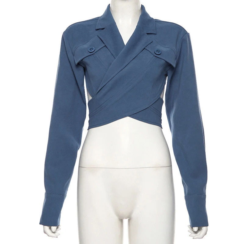 Misswim Elegant long sleeve crop top Blazer coat women Autumn buttons blazer female Cross strap fashion outwear Streetwear new