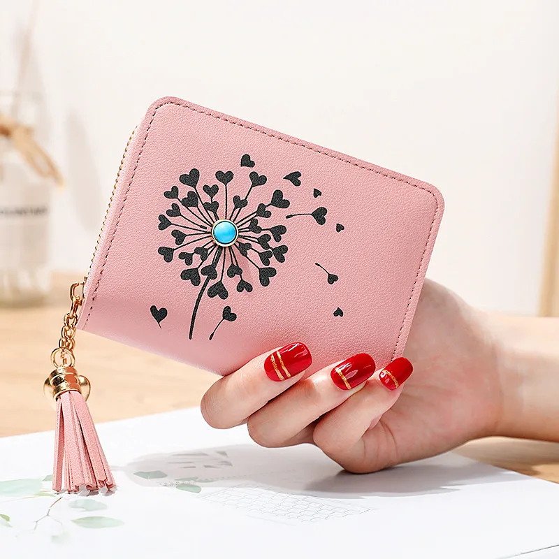 

New Colors Flowers Women Wallet Short Cute Female Leather Tassel Zipper Coin Purses Ladies Solid Color Card Holder Clutch Bag