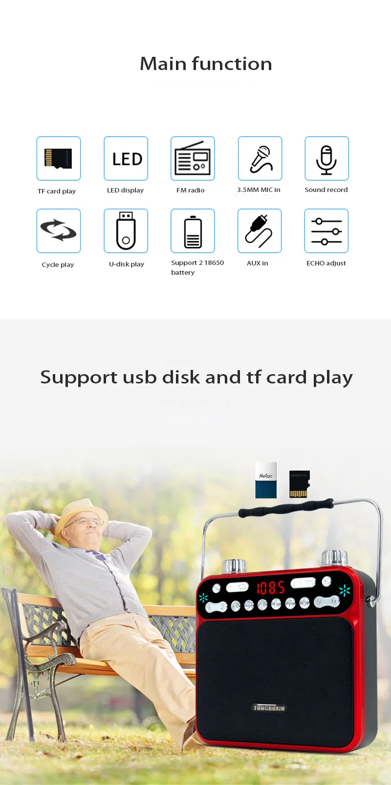 Высокая мощность Bluetooth динамик мегафон светодиодный фонарик fm-радио USB TF AUX 3,5 мм микрофон с функцией записи звука с 2 18650 тестом
