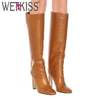 Женские сапоги до колена WETKISS, вечерние сапоги на высоком толстом каблуке с квадратным носком, модная зимняя обувь для женщин размера плюс, 35-48