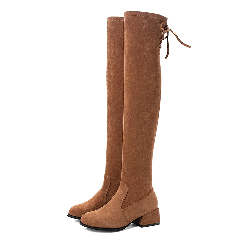 Brown With Plush Новые пикантные Сапоги выше колена женская обувь сапоги на высоком каблуке женские эластичные сапоги до бедра зимние сапоги на шнуровке черного и коричневого цвета - Цвет: Brown With Plush