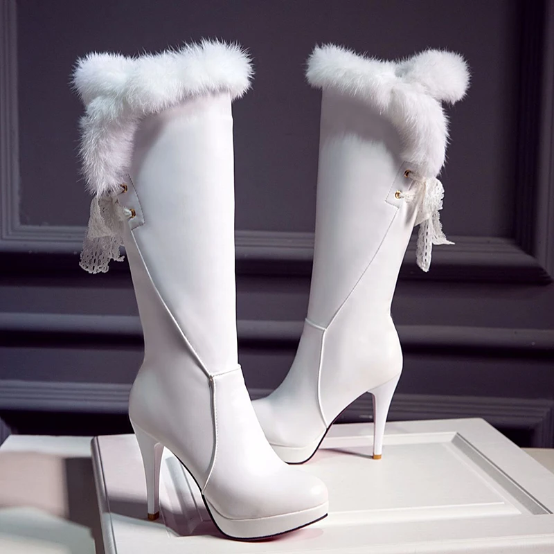 Женские сапоги зимняя обувь кожаные с кроличьим мехом Сапоги выше колена на