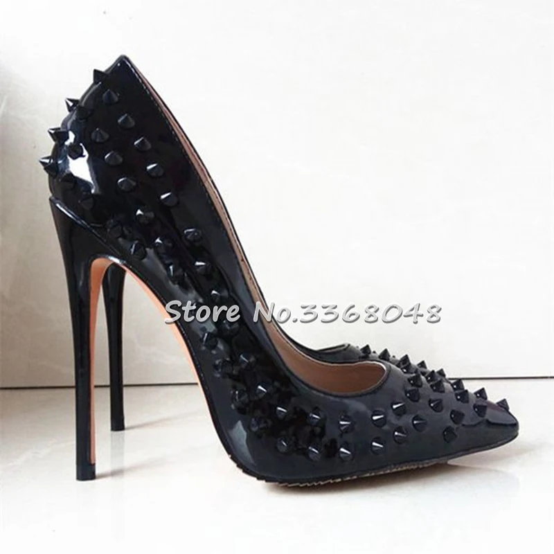 Черные туфли лодочки с заклепками на высоком каблуке 12 см острым носком без