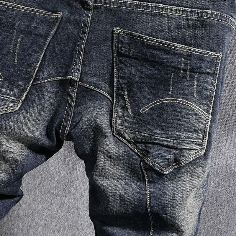 European Street Fashion Men Jeans Retro Distressed Washed Slim Fit Ripped Jeans Men Spliced Designer Hip Hop Denim Punk Pants