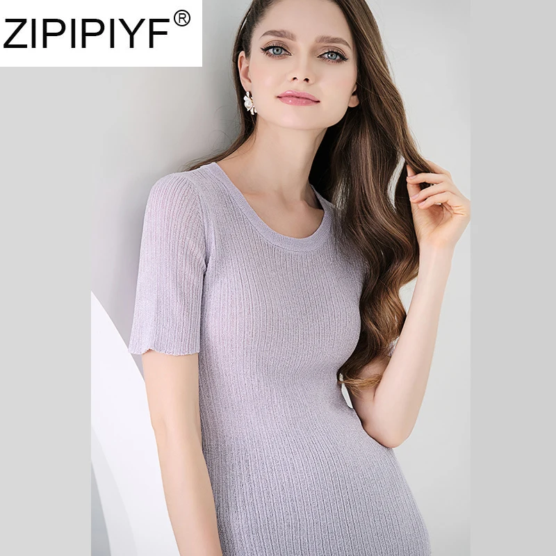 

Light Purple Knitted Tops Female Short-sleeved Fashion Slim T-shirt 2020 Summer Thin Section Women Casual Wear C180