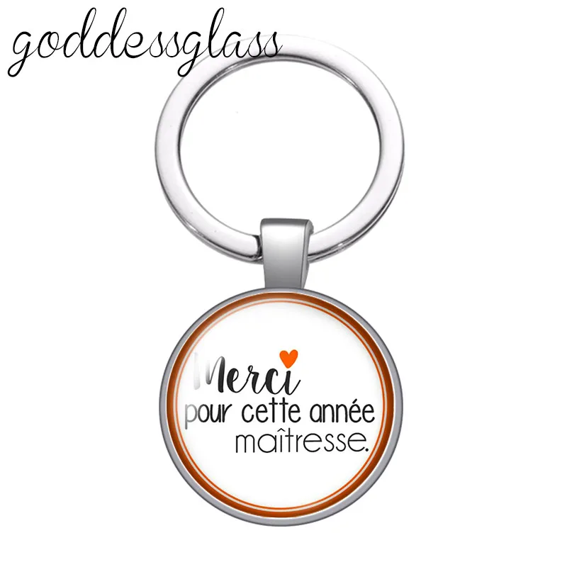 Le français merci maîtresse Flowers patterns glass cabochon keychain Bag Car key chain Ring Holder Charms keychains for Gifts images - 6