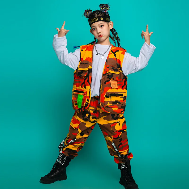 

Костюм для танцев в стиле хип-хоп для мальчиков, оранжевая камуфляжная майка, штаны, современная одежда для бальных танцев, одежда для джазо...