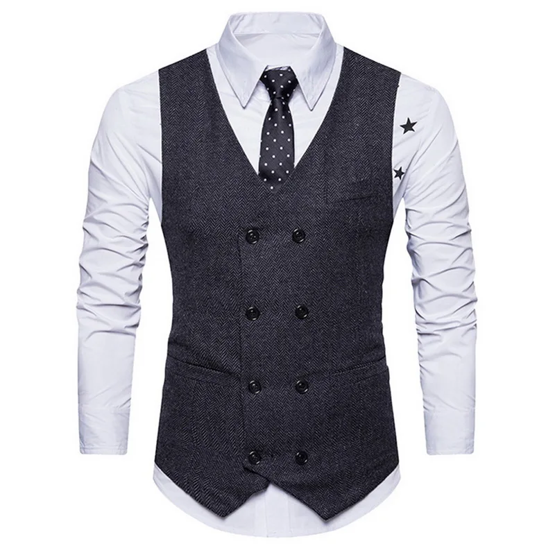 

Men Double Breasted Suit Vests Gentlemen Business Sleeveless Waistcoat Vintage Formal Blazers Vest For Wedding Party