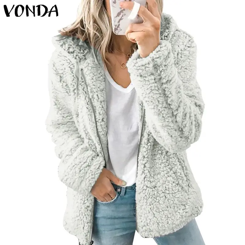 Grey VONDA/женские пальто из искусственного меха, куртки, Осень-зима, пальто с капюшоном,, на молнии, с длинным рукавом, утепленный флисовый кардиган, пальто, большие размеры - Цвет: Grey
