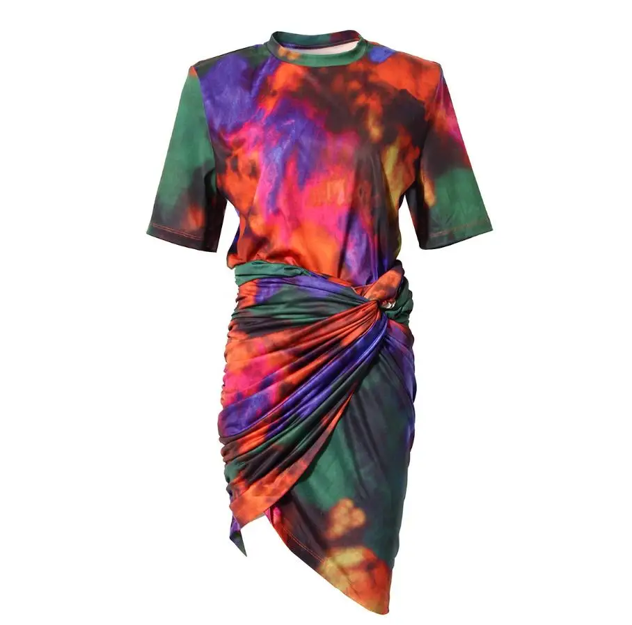 

Комплект женский с юбкой, модная футболка с круглым вырезом и коротким рукавом, с принтом тай-дай, мини-юбка с драпировкой, уличная одежда, 2021