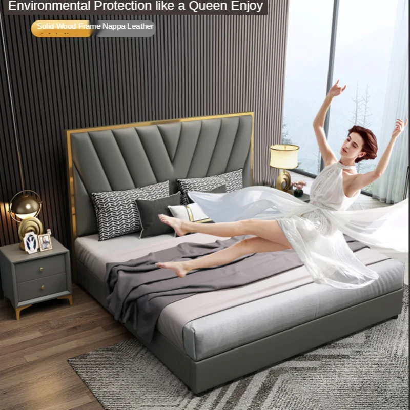 Постмодернизированная роскошная кожаная двуспальная кровать простая