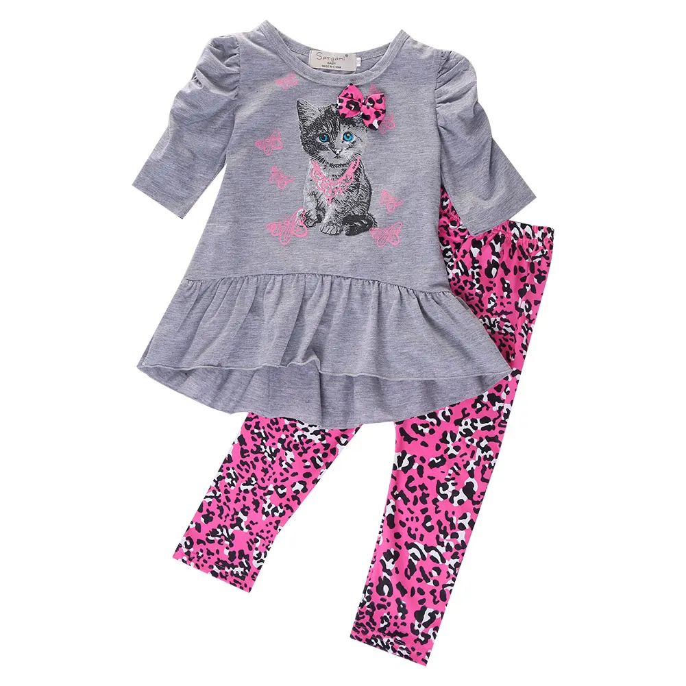 

Children's Sets Baby Girls Cute Cat Printed Half Sleeve T-shirt Top+Leopard Pants Spring Autumn 2PCS Outfits Sets 2-7Y