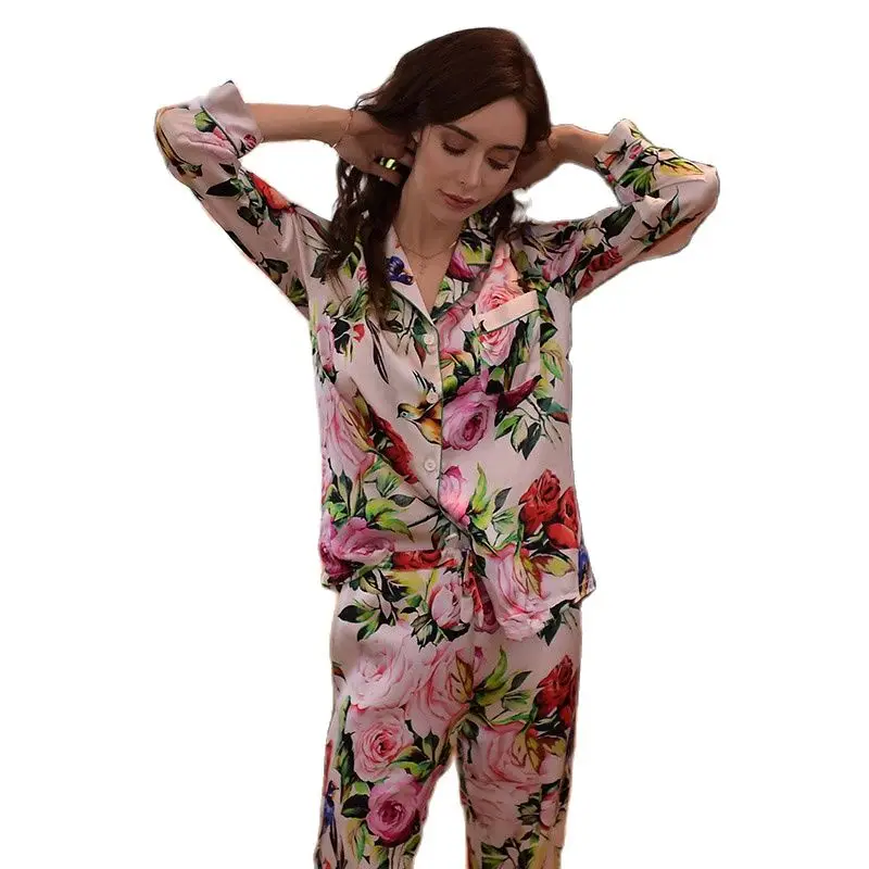 

Real Silk Pajamas Female High Quality Sleepwear Women Pure SILK Rose Printed Long-Sleeved Pyjama Pants Two-Piece Sets T8127