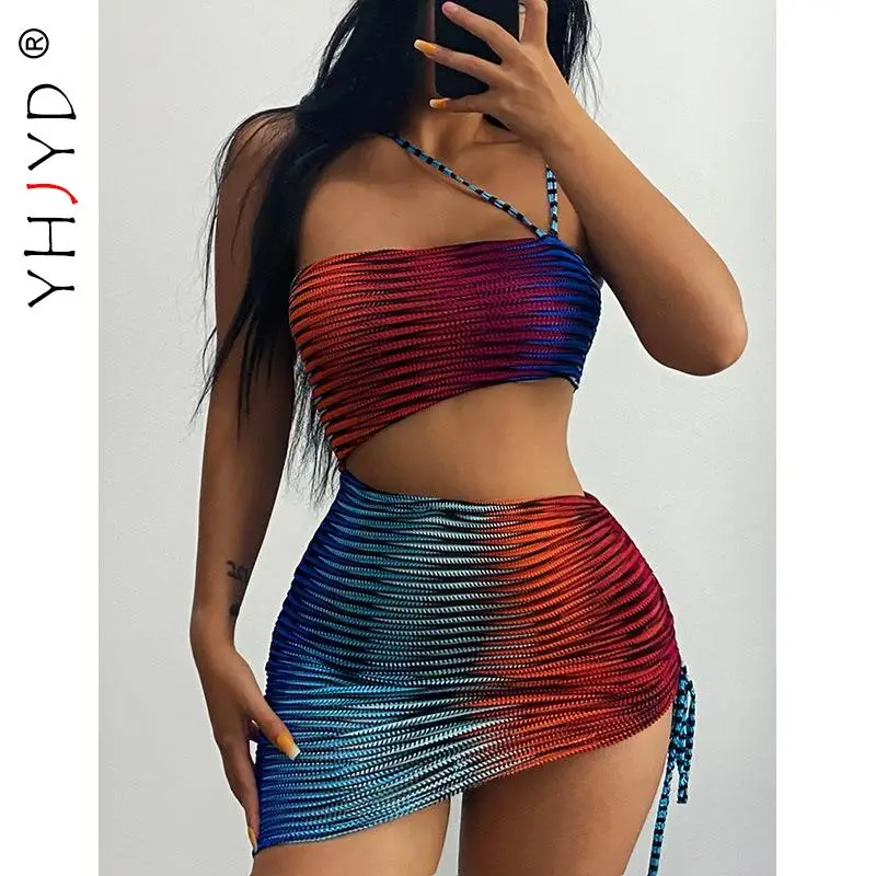

Пикантное облегающее мини-платье на шнуровке YHJYD, Клубные наряды для женщин, модные разноцветные платья в полоску, 2021