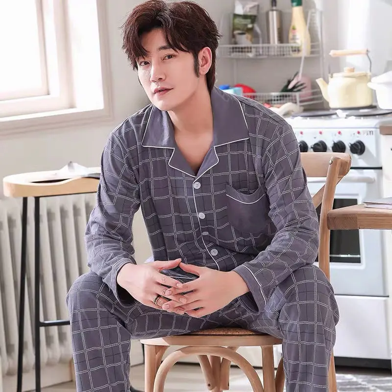 Men's Pajamas Set Large Size Plaid Male PJs Sleepwear Long Sleeves Loose Home Clothes For Man Soft Cotton Sleep Lounge Wear Suit