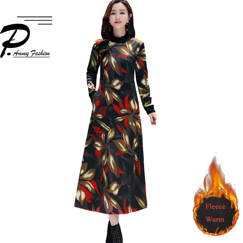 P Ammy Winter Plus Velvet thickening Floral print Retro Mid-Long Dress women Fleece Lining Slim Dress plus size