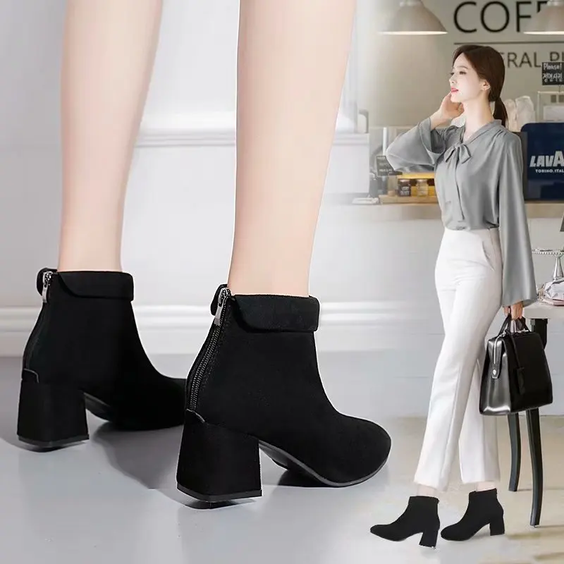 2019 г. Новые Модные осенние ботильоны на высоком каблуке с круглым носком женские