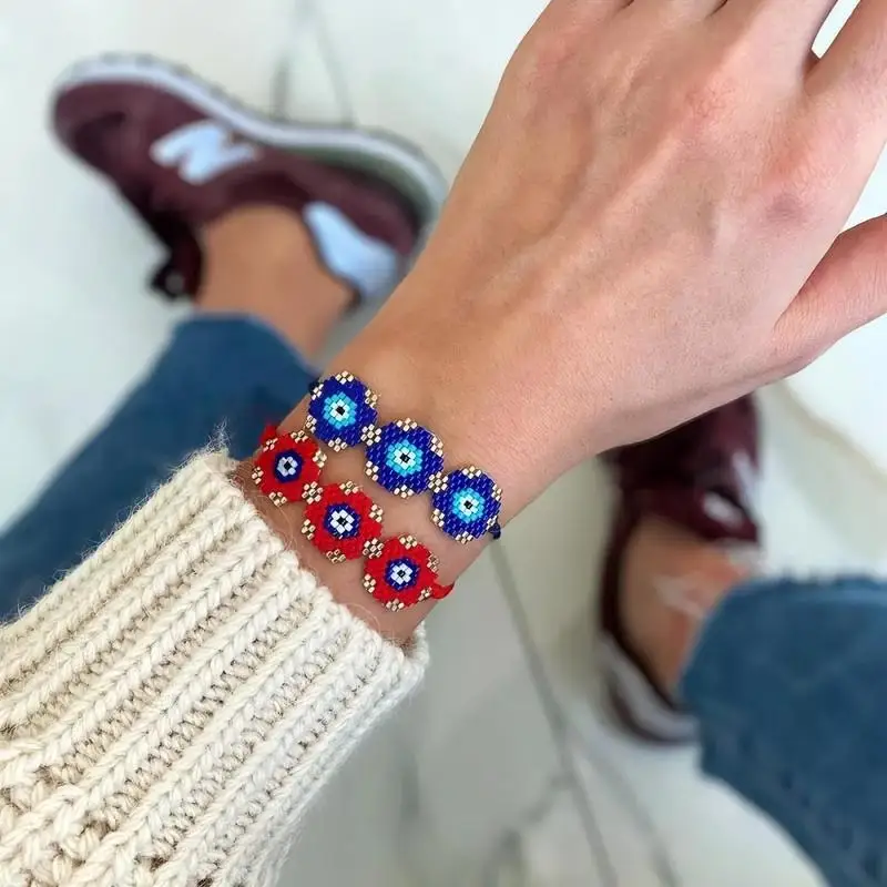 

2021 Hand-woven DB Beads Bracelet Hexagonal Blue-Red Flower Charm Friendship Bracelets Boho Jewellery Pulseras Mujer Armband