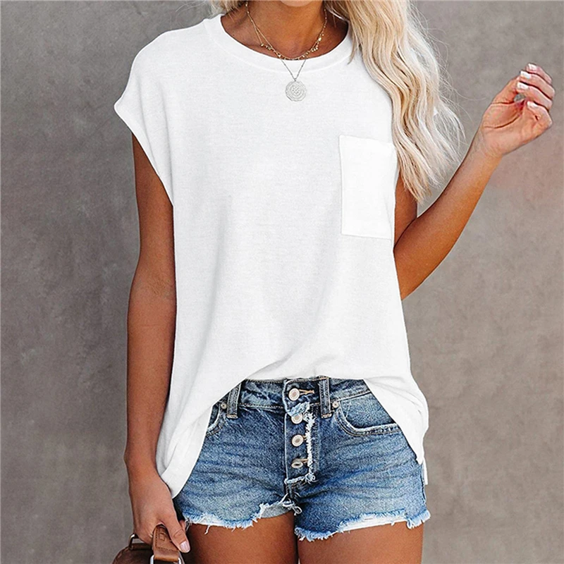 

Solid Tops Women Pocket T-shirt 2021 Summer Casual O-neck Loose Short Sleeve Female Soft Tops Tee Shirts Mujer Camisetas